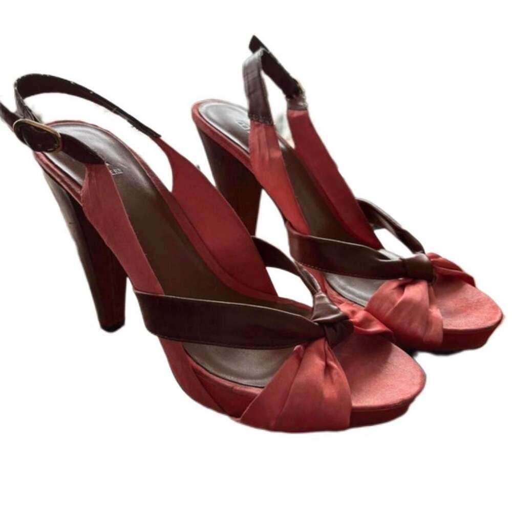 BCBGeneration Coral Satin and Brown Platform Slingback Bow Heels
